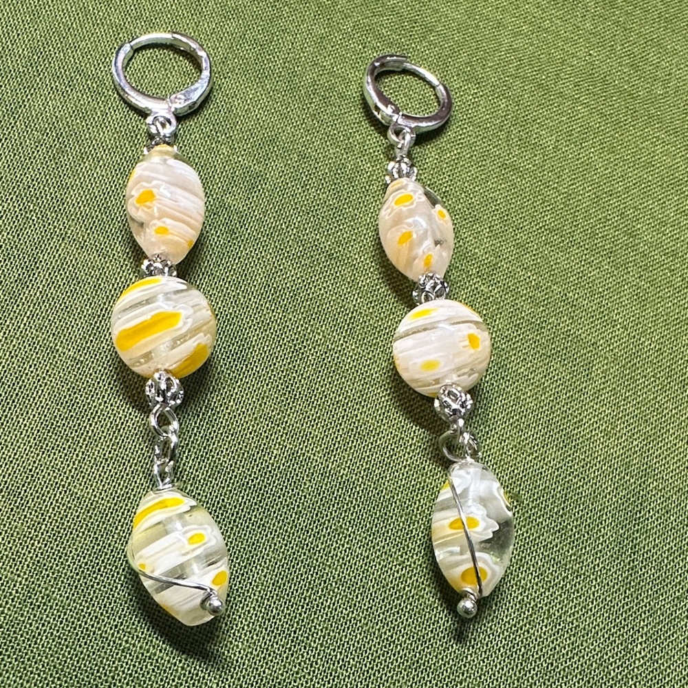 Chic Millefiori Glass Yellow and Silver Beaded Dangle Earrings